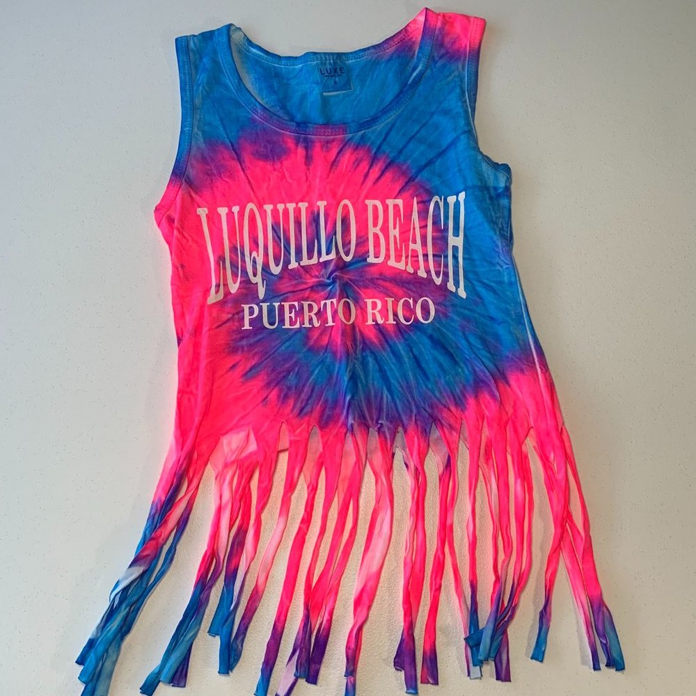 LUQUILLO BEACH PUERTO RICO TIE DYE FRINGED CROP TOP SMALL BAD BUNNY SUPER BOWL